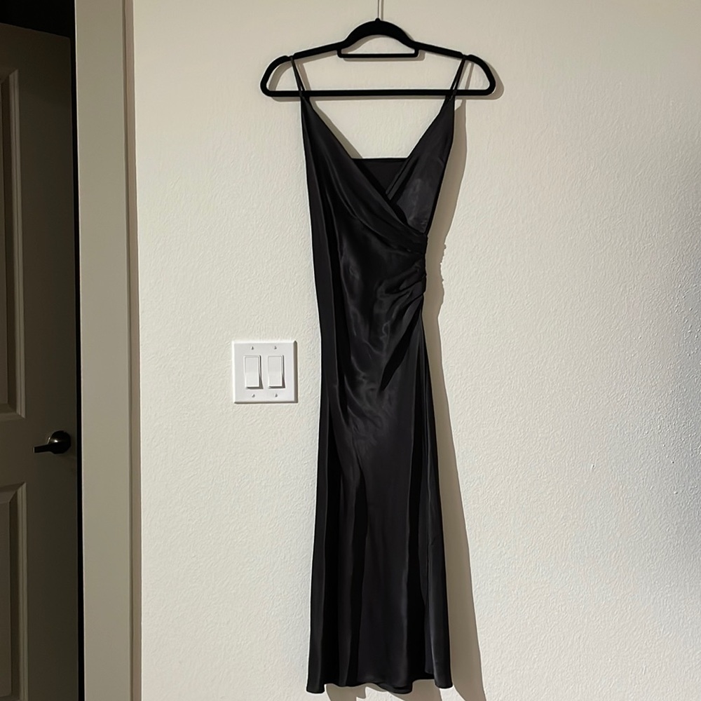 Zara Dark Chocolate Brown Satin Silky Midi Dress (almost black)